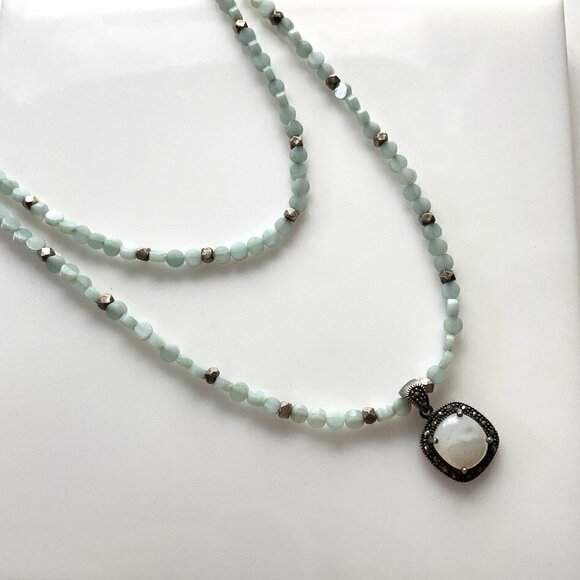 Green Aventurine Double Strand White Cabochon Quartz Pendant Sterling Necklace - Picture 2 of 8